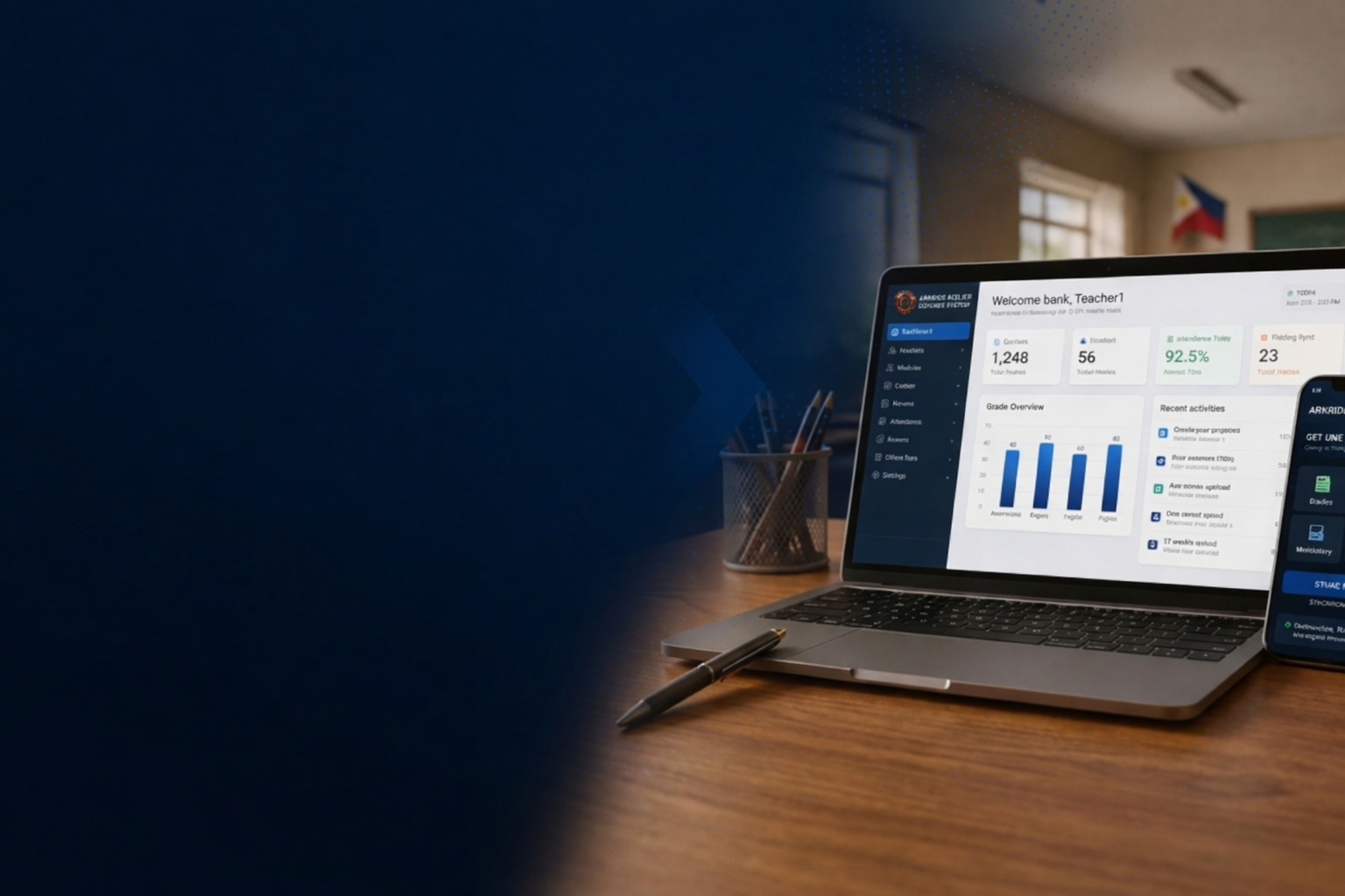 Arkride teacher dashboard displayed on a laptop beside a mobile device