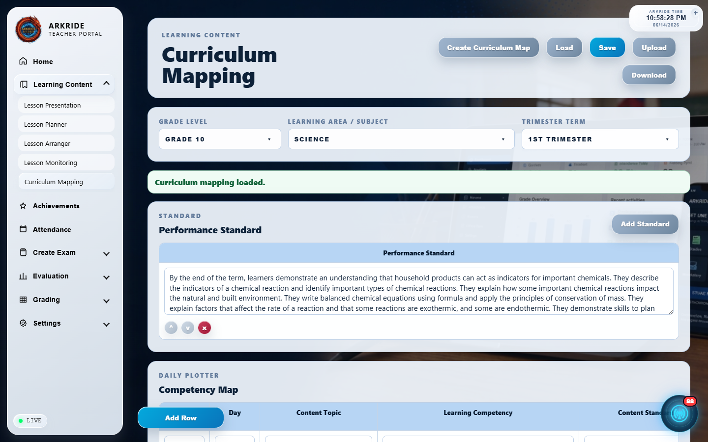 Curriculum mapping screenshot