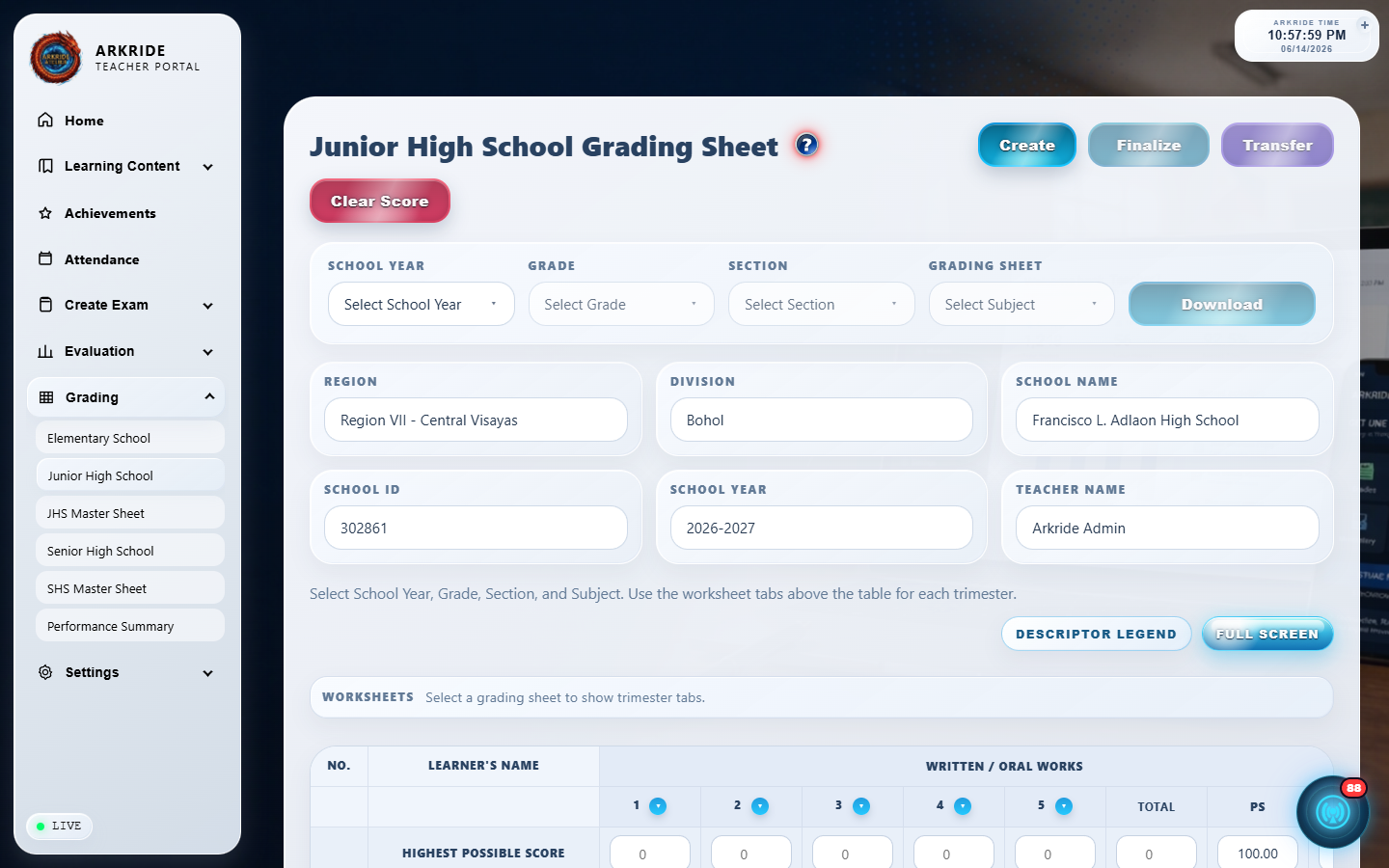 Grade sheets screenshot