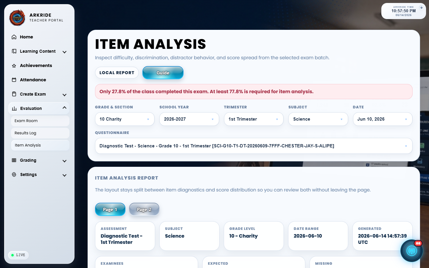 Item analysis screenshot