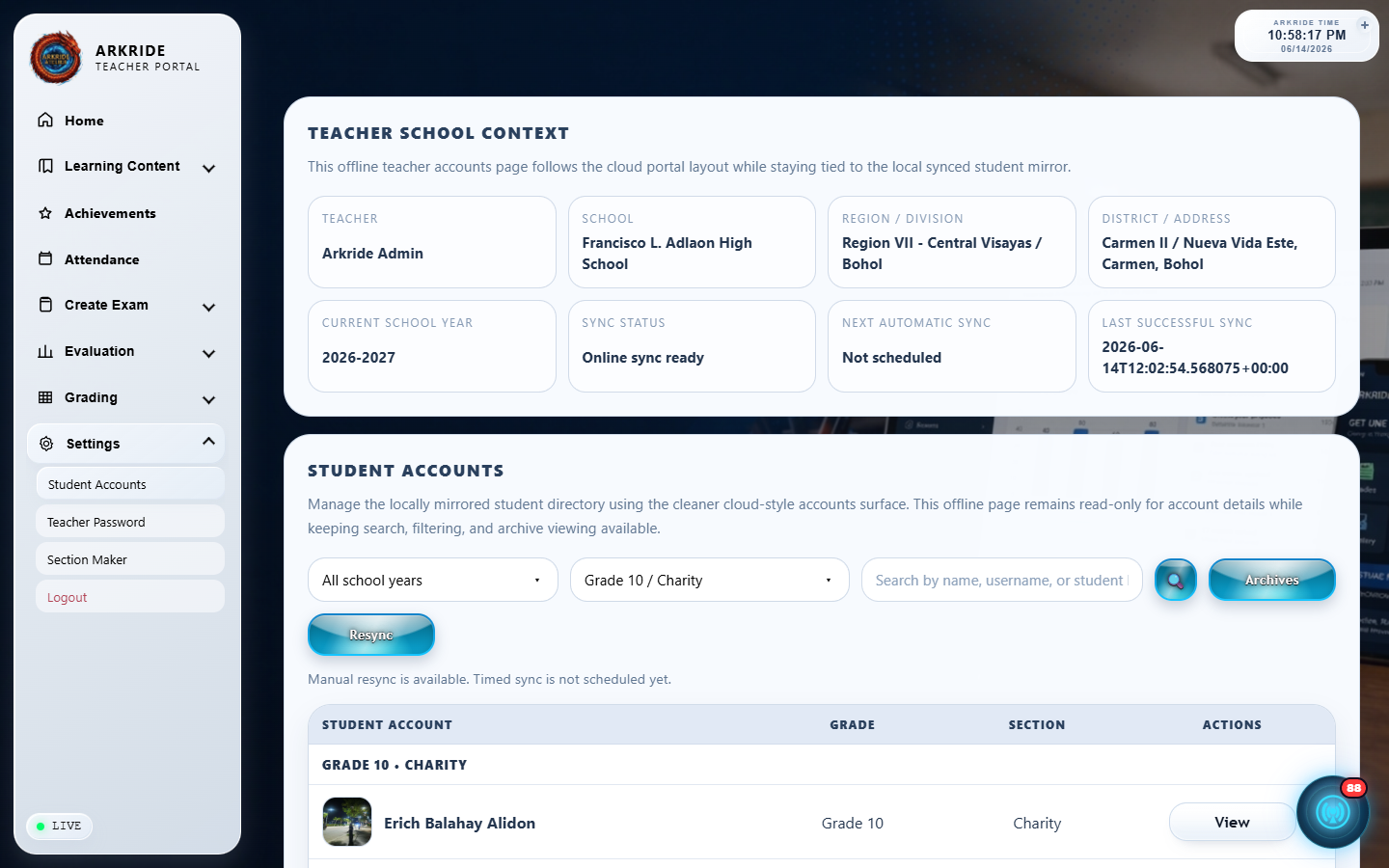 Student accounts screenshot