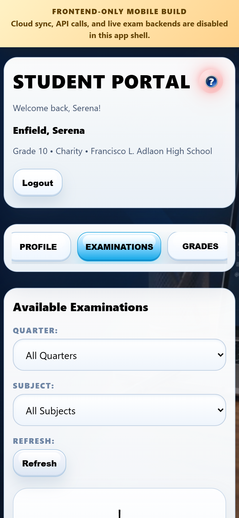Student mobile examinations screenshot