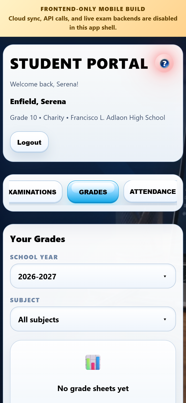 Student mobile grades screenshot