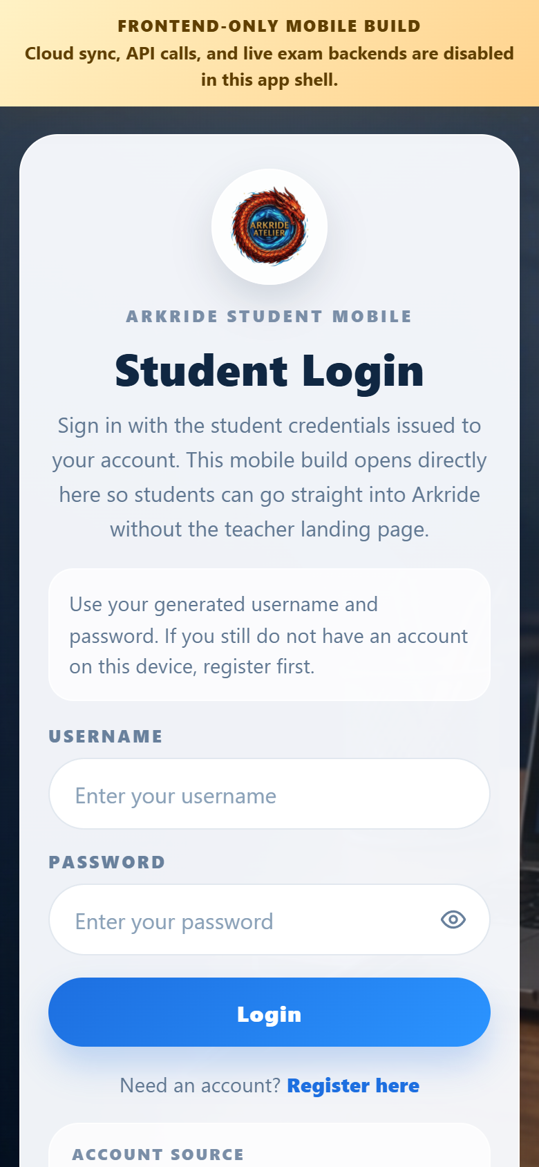 Student mobile login screenshot