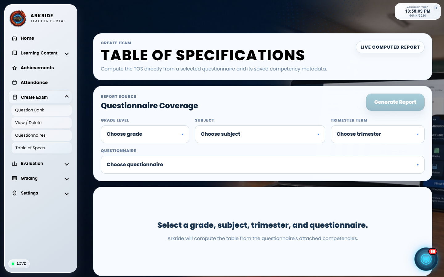 Table of specifications screenshot